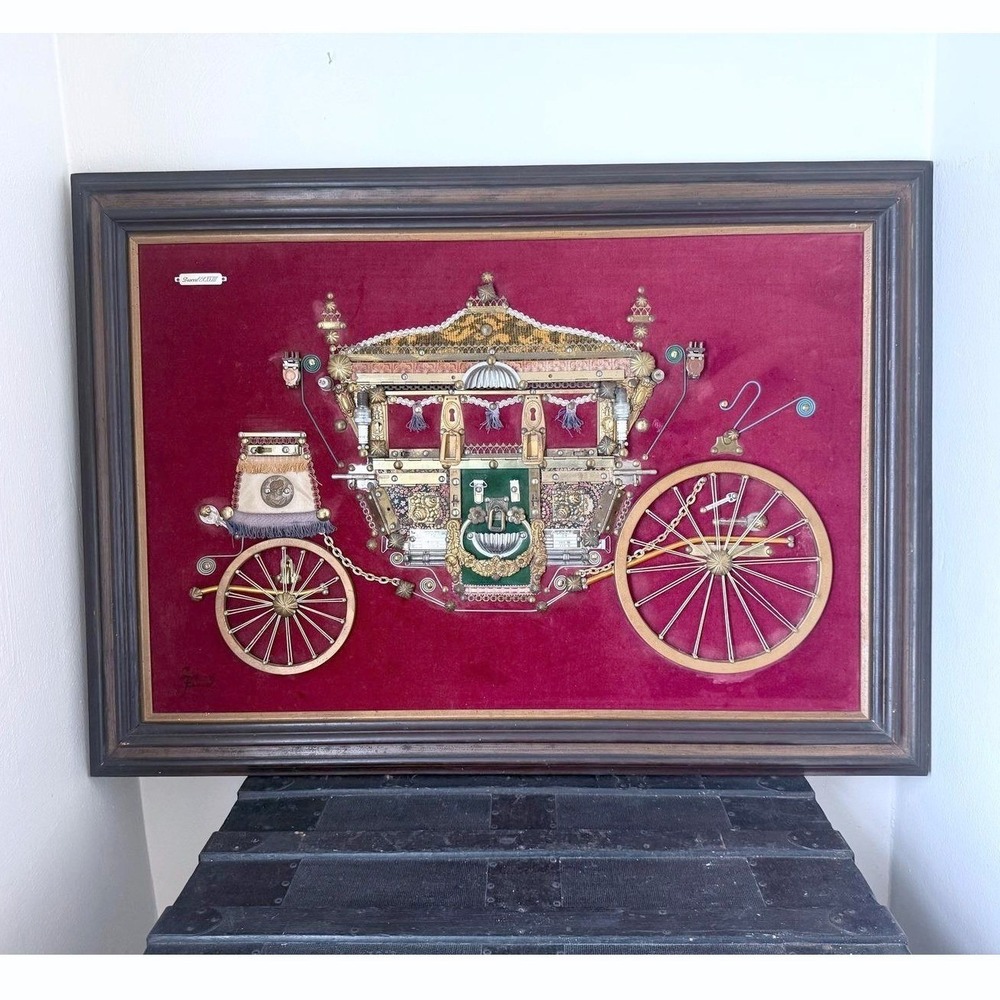 Mixed Media Carriage 3D Art, Velvet Gears Steampunk Framed Artwork Made in Spain